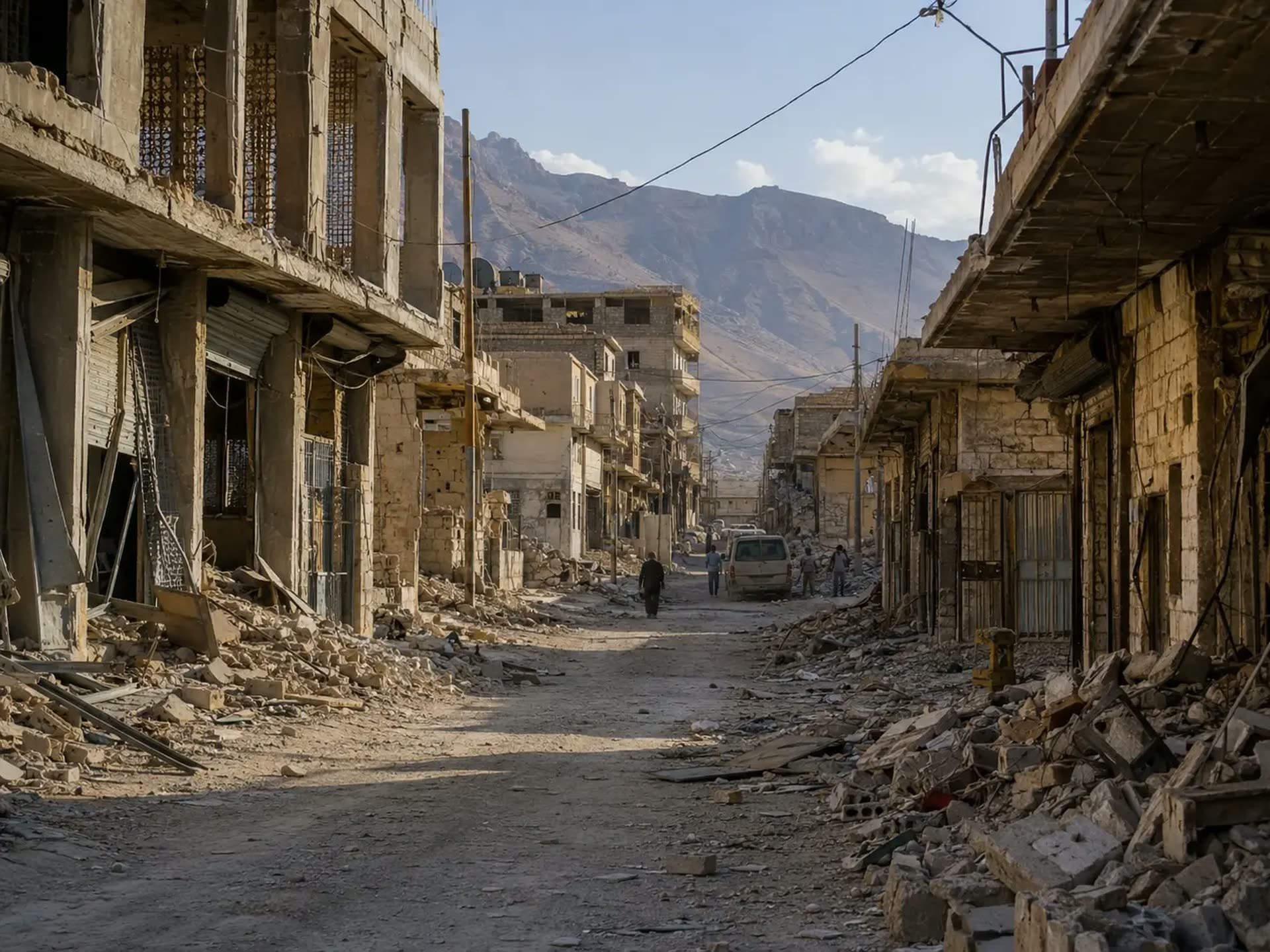 Conflict-damaged urban street in a Syrian mountain setting.