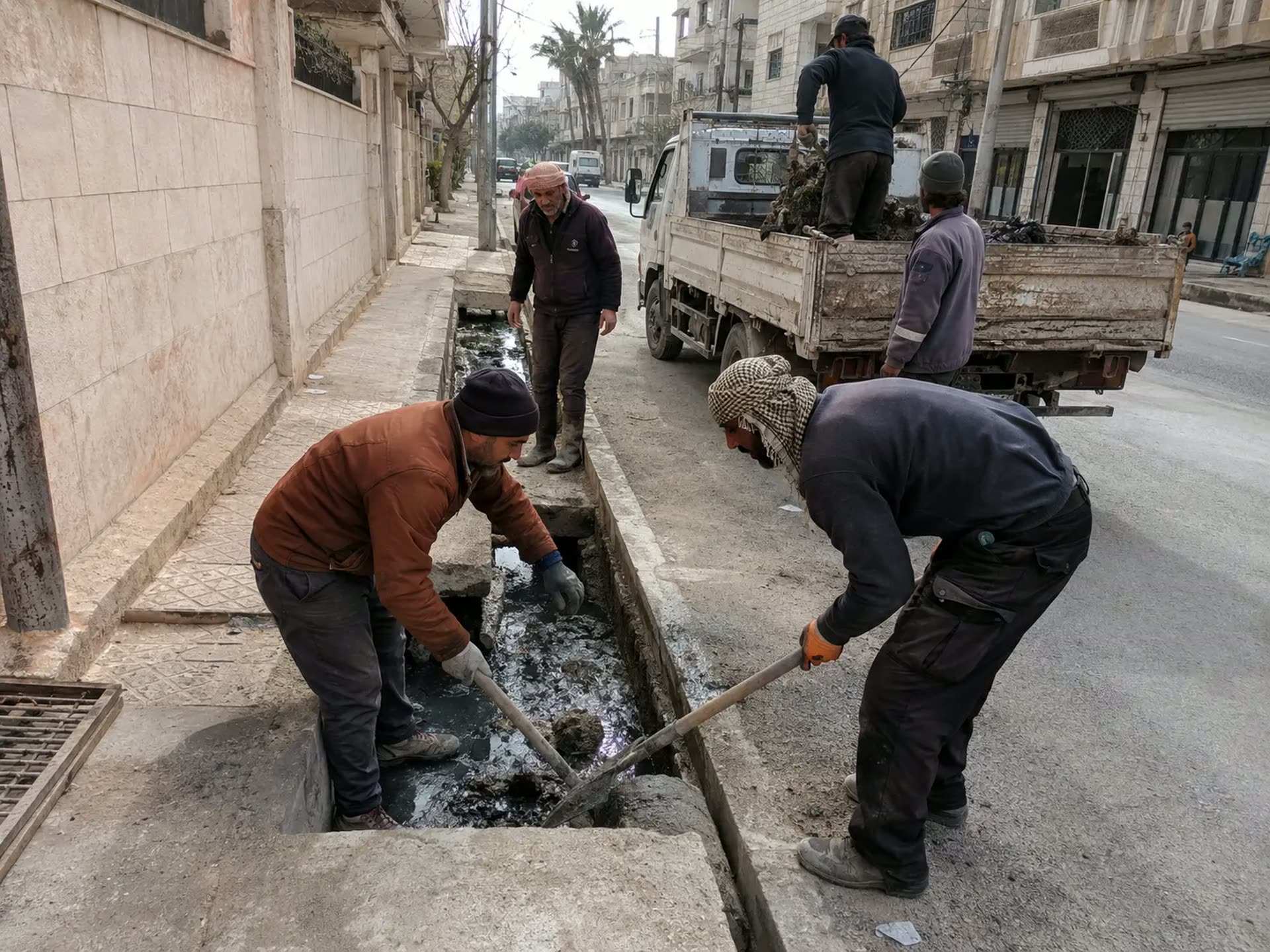 Municipal workers clearing a roadside drainage channel in a Syrian street.