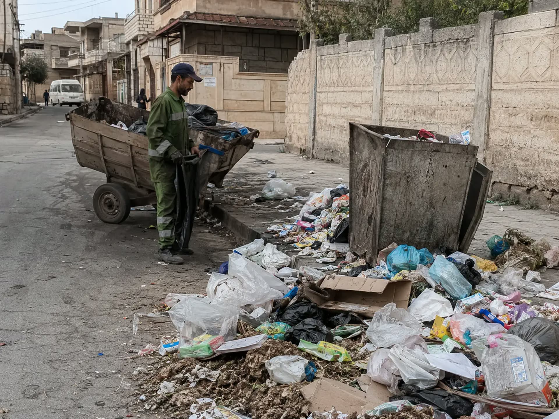 Municipal sanitation worker beside overflowing waste containers in a Syrian street.