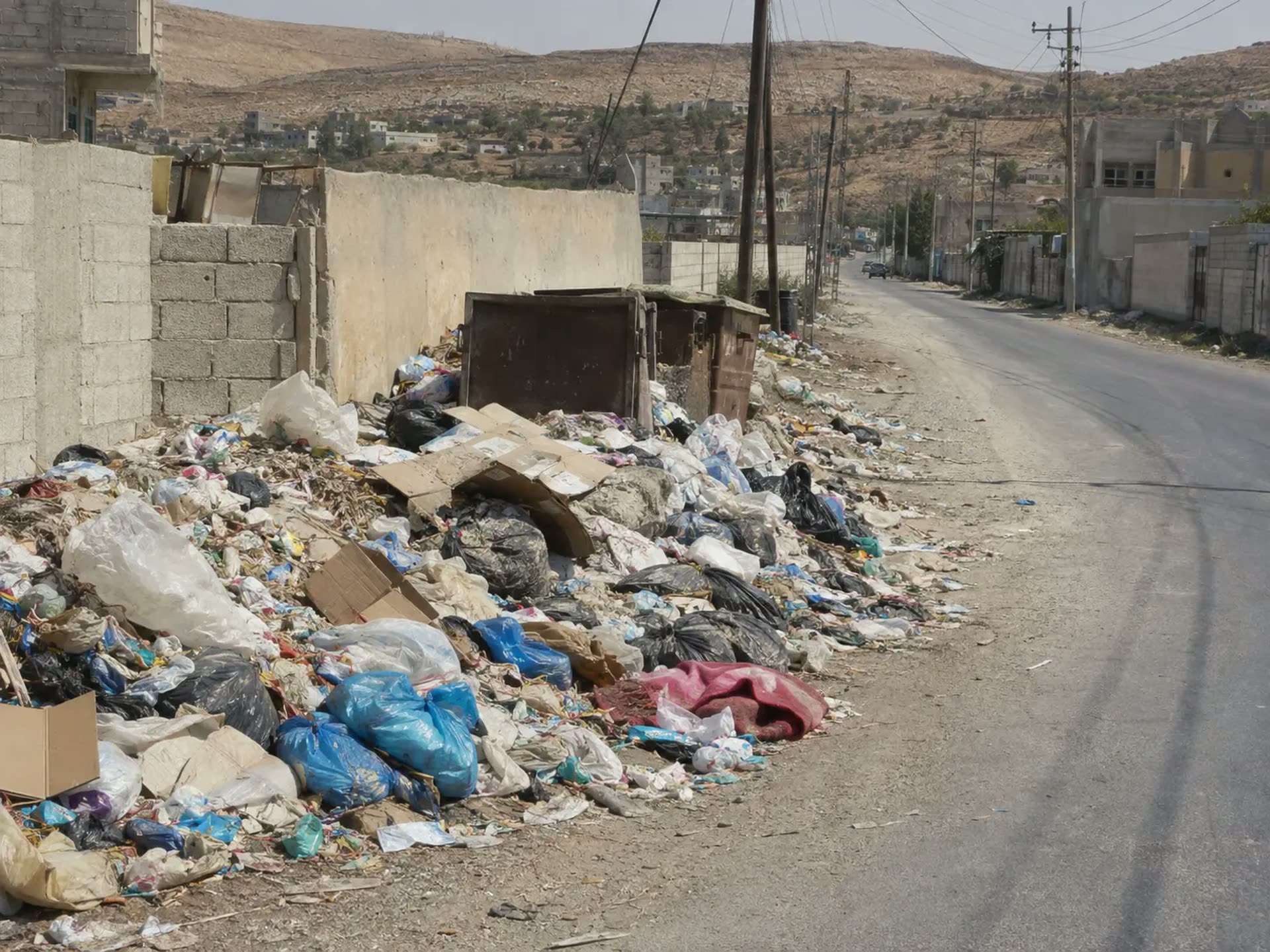 Roadside accumulation of uncollected municipal waste in a Syrian town.