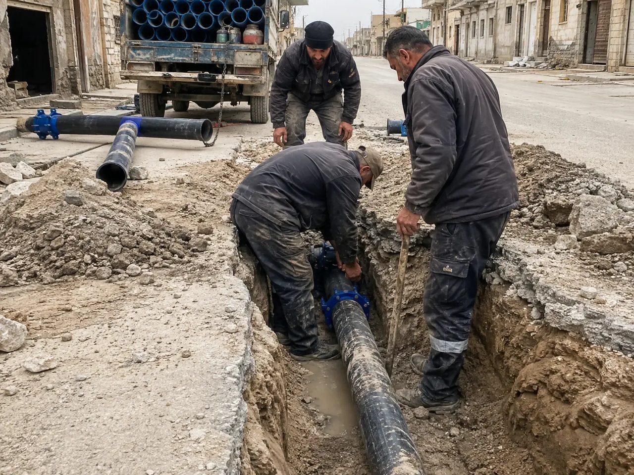 Workers repairing a buried municipal water main in a Syrian street.